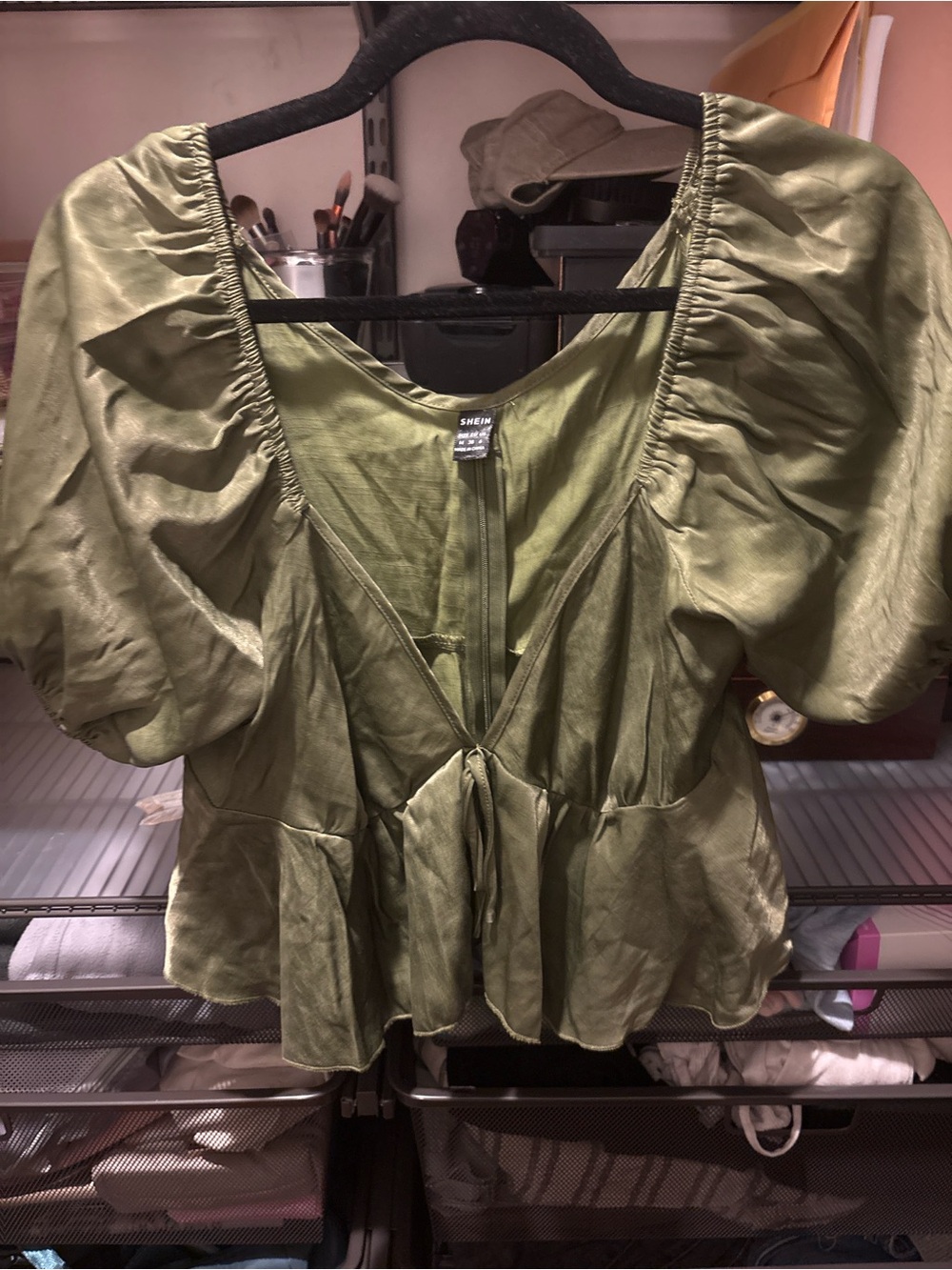 SHEIN Olive Green Puff Sleeve Peplum Blouse with Front Tie